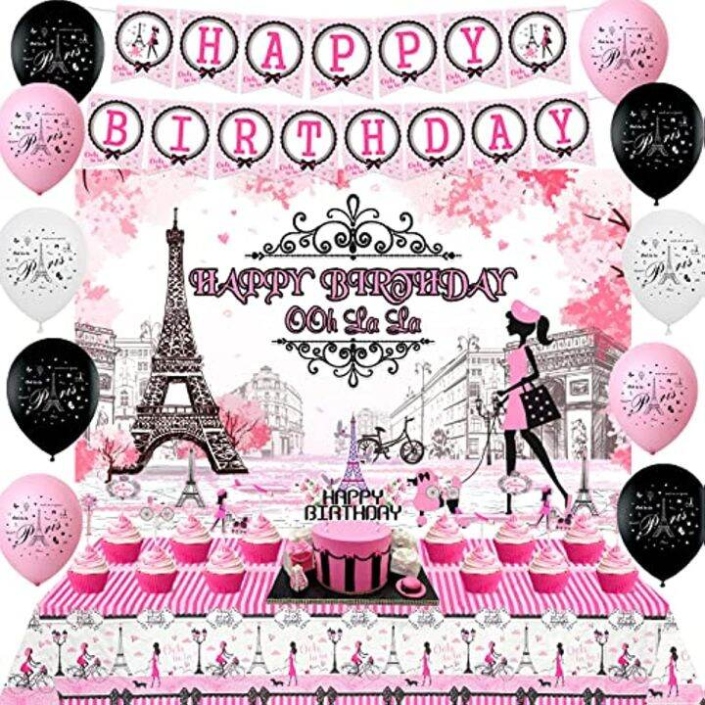 JOYMEMO Happy Birthday Paris Decorations for Girls Pink, Eiffel